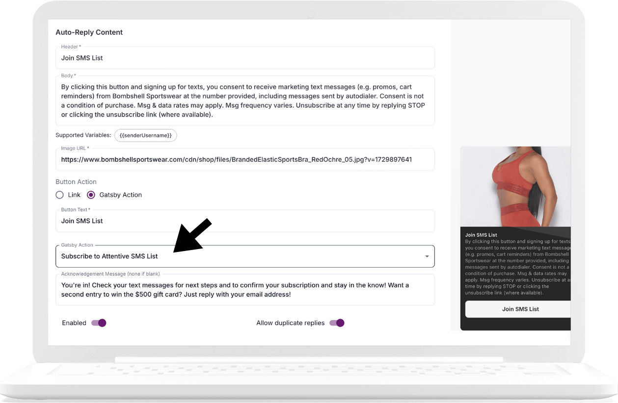 Bombshell Sportswear SMS Capture Autoreply Gatsby setup