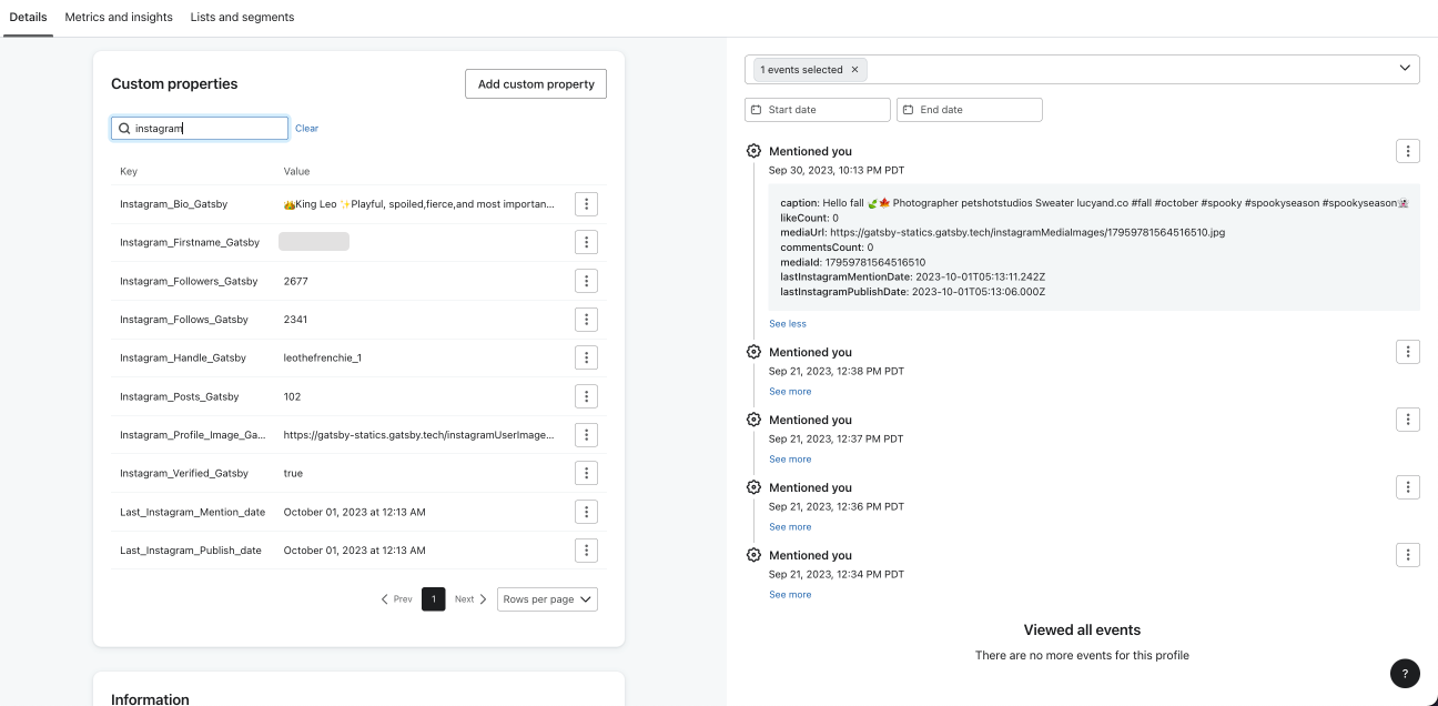 Gatsby Instagram metrics in Klaviyo